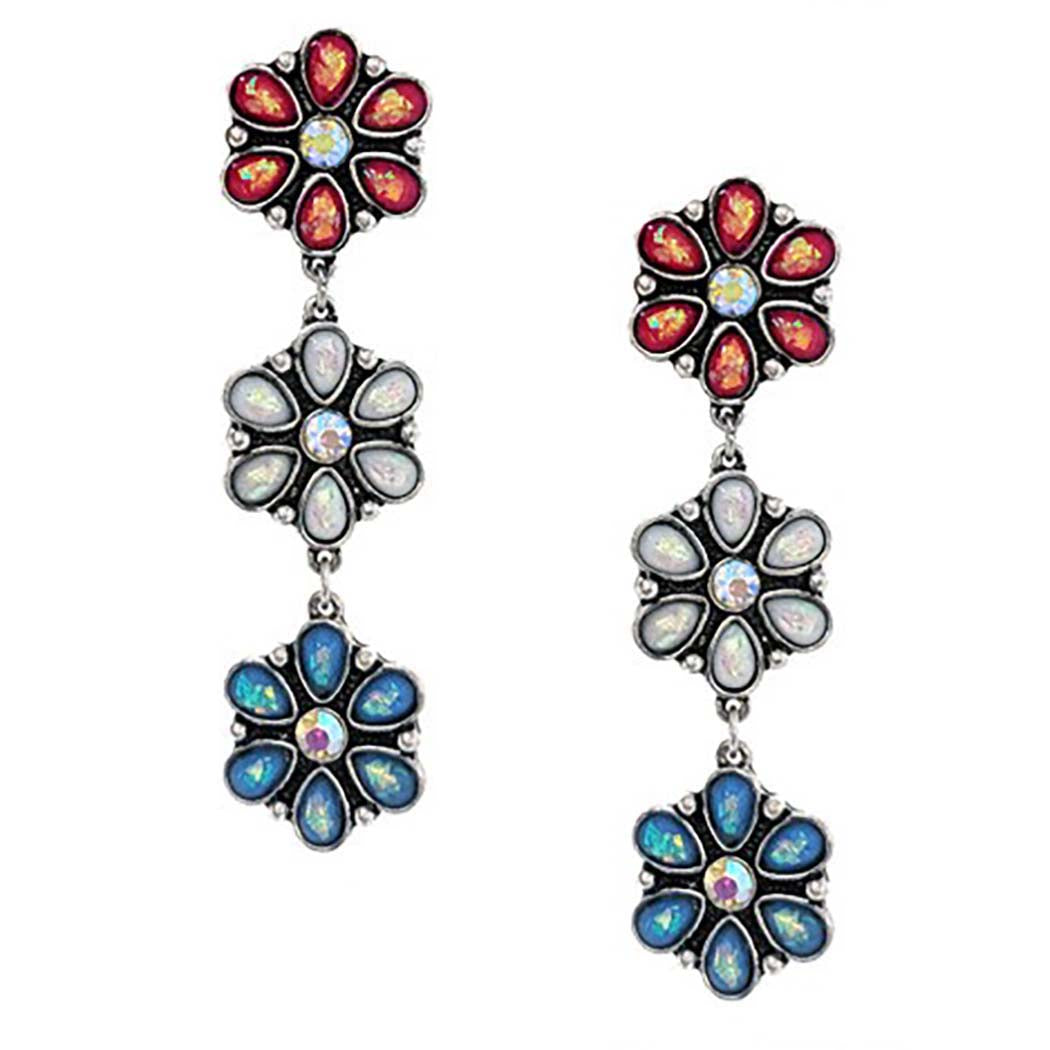 Triple Flower Drop Earrings, Red White and Blue Opalessent with AB Glass Crystals, Post Back, 2.92