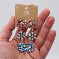 Triple Flower Drop Earrings, Red White and Blue Opalessent with AB Glass Crystals, Post Back, 2.92