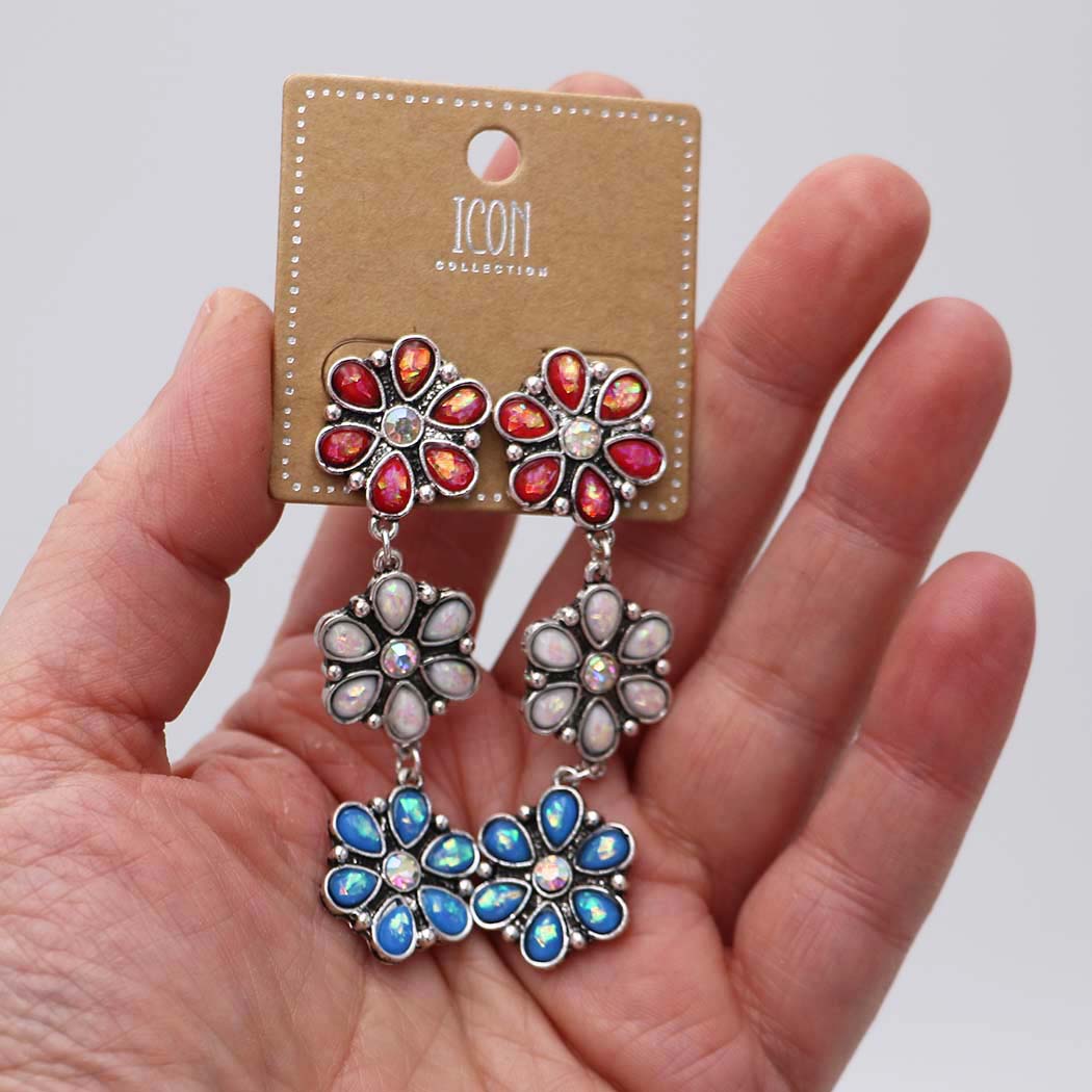 Triple Flower Drop Earrings, Red White and Blue Opalessent with AB Glass Crystals, Post Back, 2.92