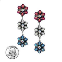 Triple Flower Drop Earrings, Red White and Blue Opalessent with AB Glass Crystals, Post Back, 2.92