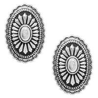Western Oval Concho Stud Earrings, Burnished Silver, Cowgirl Chic Style, Hypoallergenic Post Back, 1.25