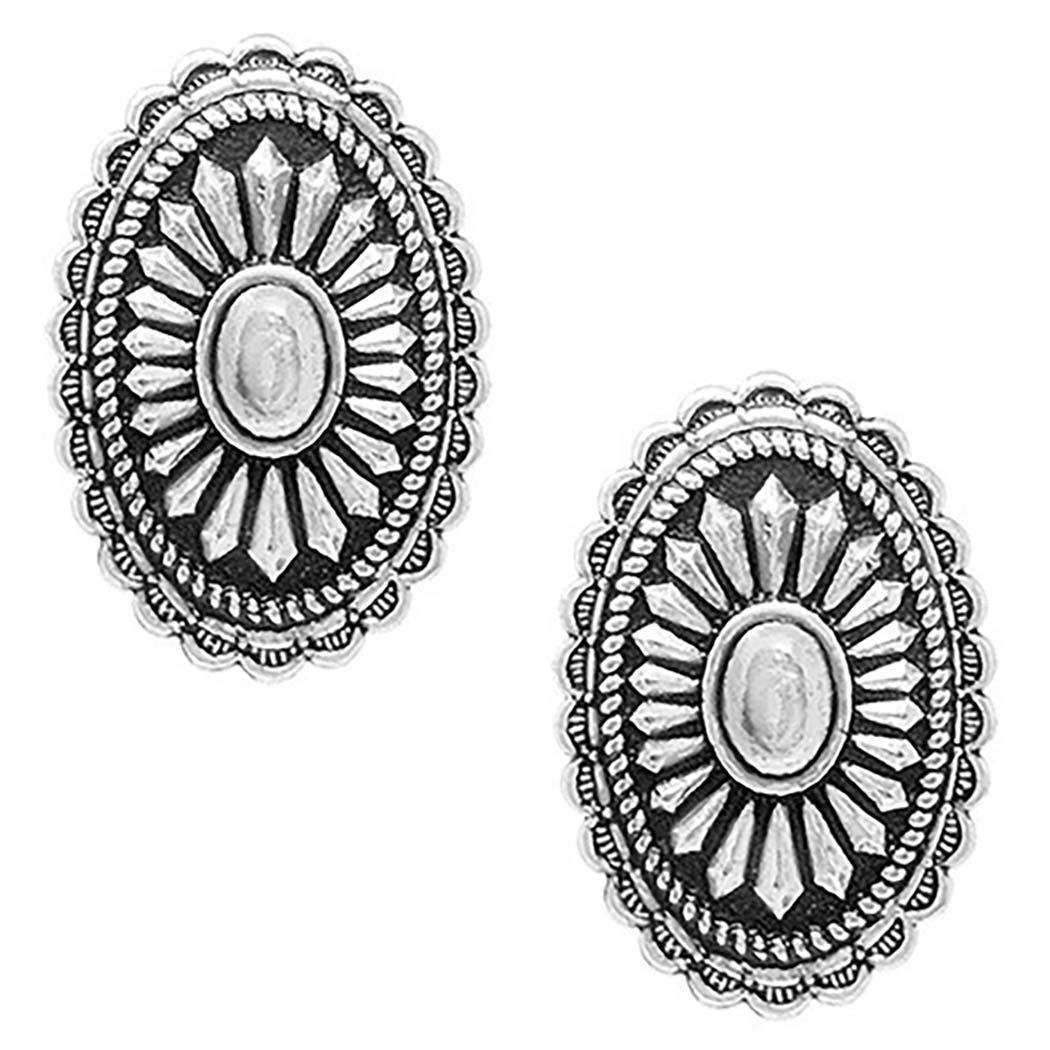 Western Oval Concho Stud Earrings, Burnished Silver, Cowgirl Chic Style, Hypoallergenic Post Back, 1.25