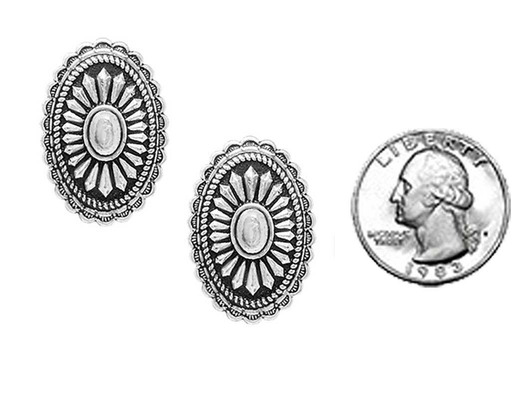 Western Oval Concho Stud Earrings, Burnished Silver, Cowgirl Chic Style, Hypoallergenic Post Back, 1.25