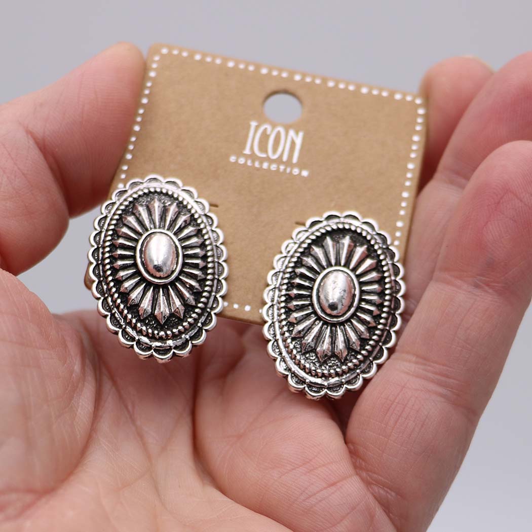 Western Oval Concho Stud Earrings, Burnished Silver, Cowgirl Chic Style, Hypoallergenic Post Back, 1.25