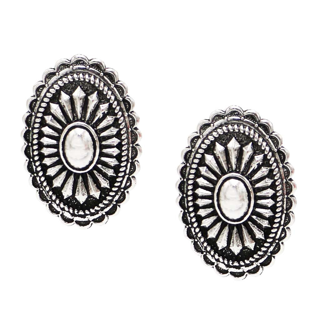 Western Oval Concho Stud Earrings, Burnished Silver, Cowgirl Chic Style, Hypoallergenic Post Back, 1.25