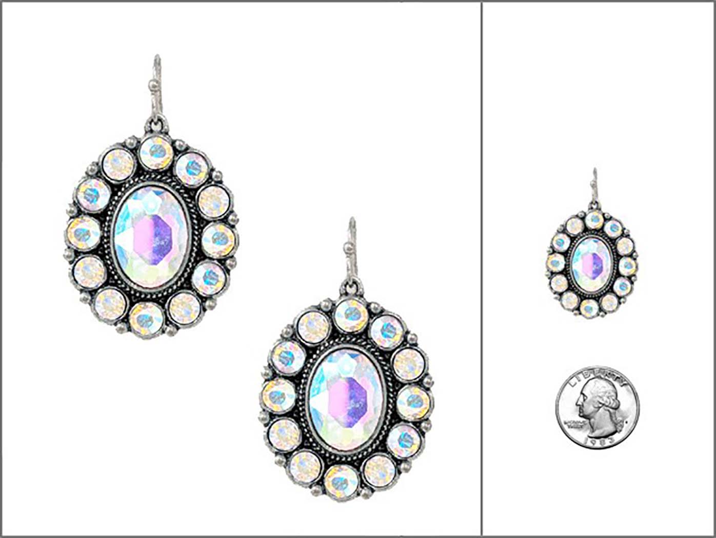 Western Oval Concho Dangle Earring, AB Crystal, Cowgirl Chic Style, Silver Alloy, Hypoallergenic