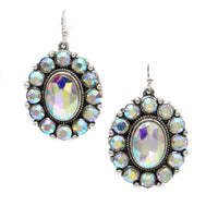Western Oval Concho Dangle Earring, AB Crystal, Cowgirl Chic Style, Silver Alloy, Hypoallergenic