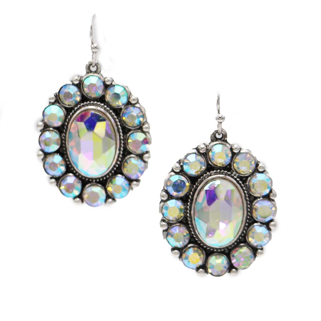 Western Oval Concho Dangle Earring, AB Crystal, Cowgirl Chic Style, Silver Alloy, Hypoallergenic