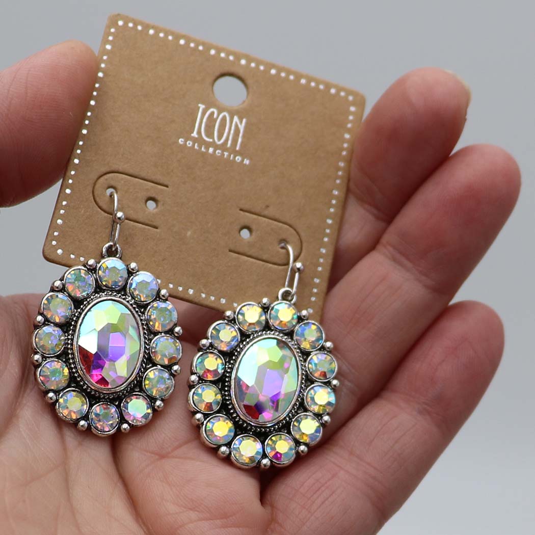 Western Oval Concho Dangle Earring, AB Crystal, Cowgirl Chic Style, Silver Alloy, Hypoallergenic