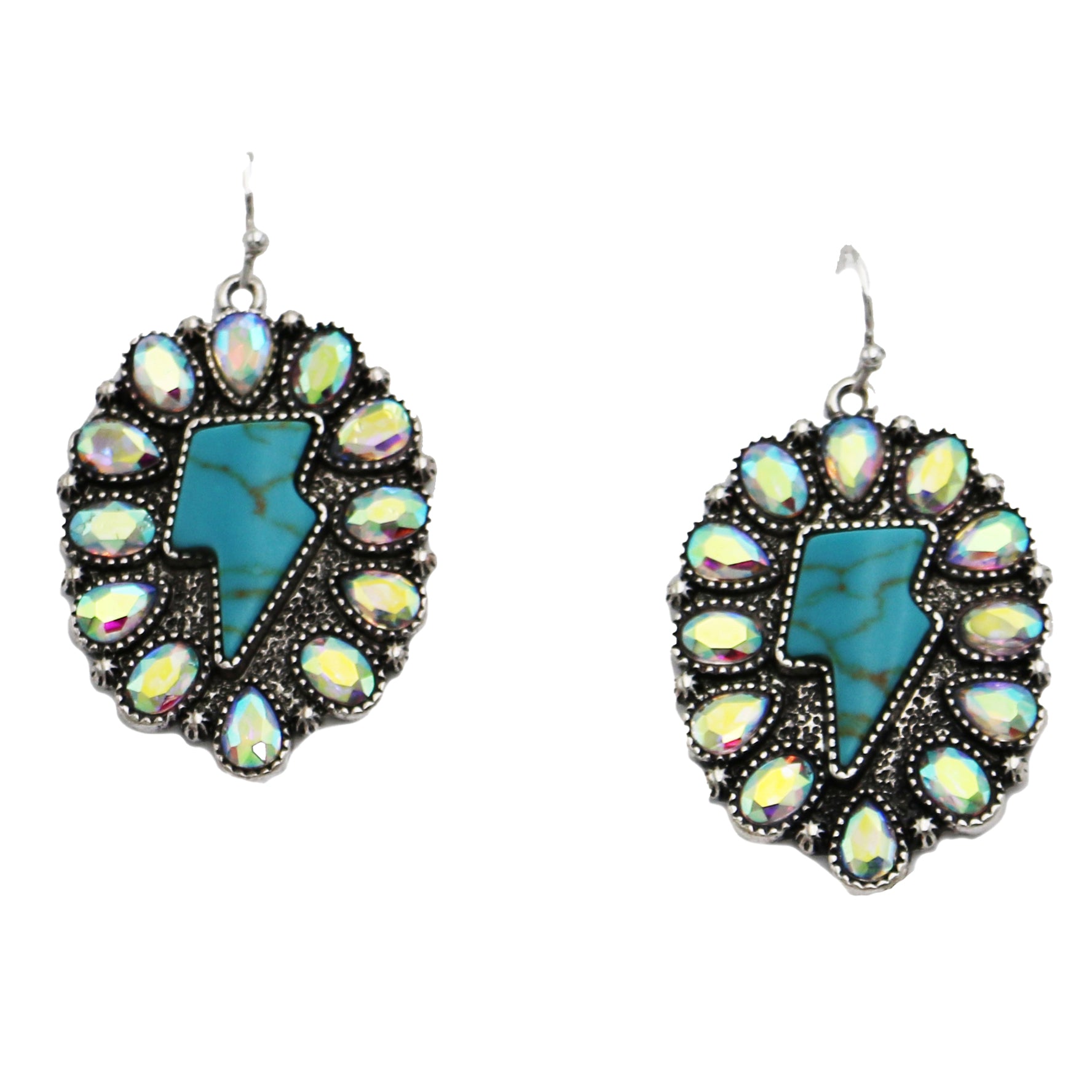 Western Oval Concho Lightning Bolt Drop Dangle Earrings, AB Crystal, Turquoise, Burnished Silver, Hypoallergenic 1.75"