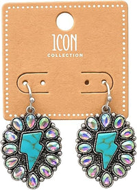 Western Oval Concho Lightning Bolt Drop Dangle Earrings, AB Crystal, Turquoise, Burnished Silver, Hypoallergenic 1.75"
