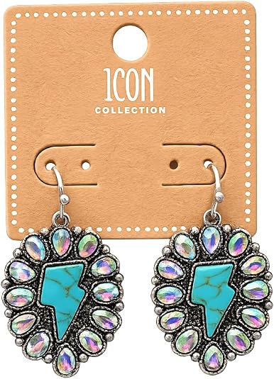 Western Oval Concho Lightning Bolt Drop Dangle Earrings, AB Crystal, Turquoise, Burnished Silver, Hypoallergenic 1.75"