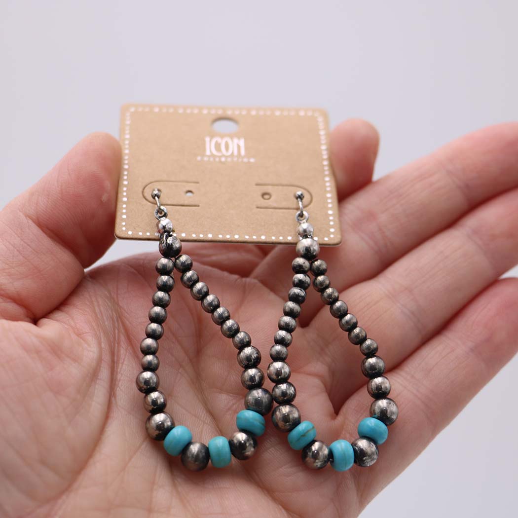 Beaded Teardrop Hoop Earrings with Turquoise Colored Beads and Navajo Pearls, Western Style, 2.5