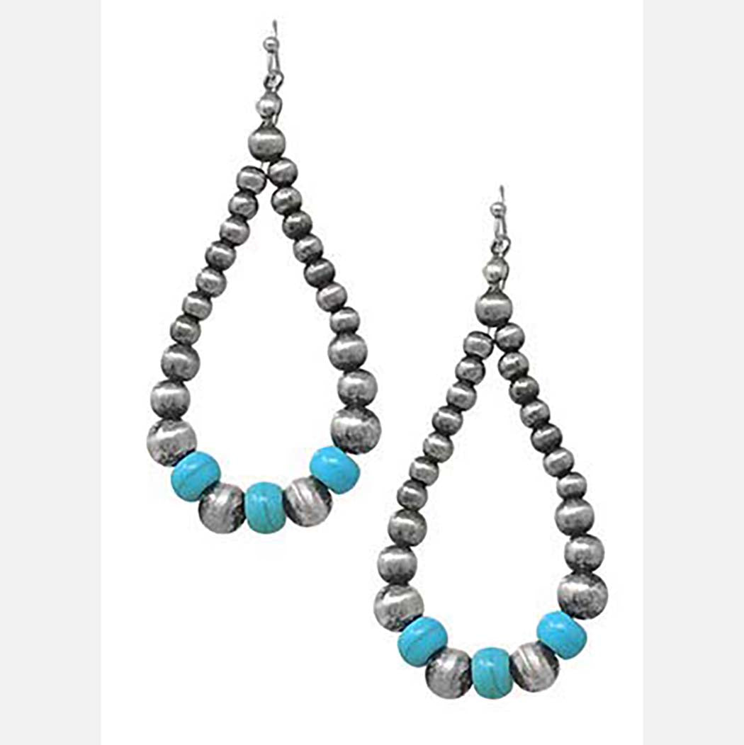 Beaded Teardrop Hoop Earrings with Turquoise Colored Beads and Navajo Pearls, Western Style, 2.5