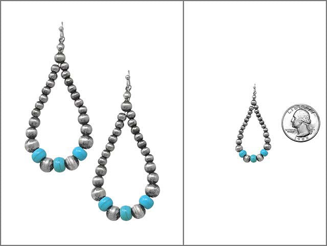 Beaded Teardrop Hoop Earrings with Turquoise Colored Beads and Navajo Pearls, Western Style, 2.5