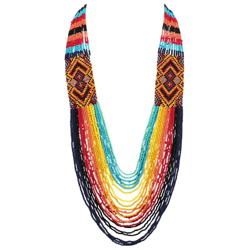 Extra Long Stunning Multi-Strand Seed Bead Statement Bohemian Necklace, 27"+3" Extender (Bold Rainbow Multicolored)