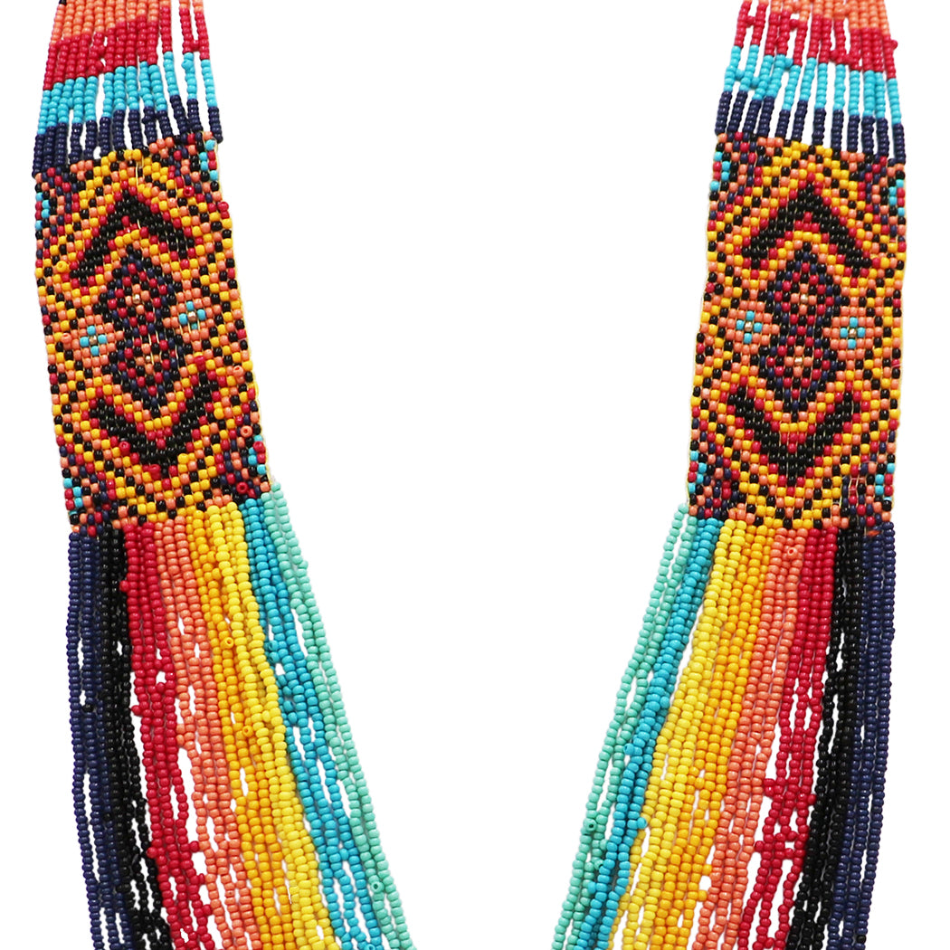 Extra Long Stunning Multi-Strand Seed Bead Statement Bohemian Necklace, 27"+3" Extender (Bold Rainbow Multicolored)