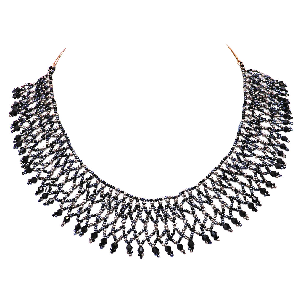 Bohemian Goddess Vintage Black Crystal Ruffle Seed Bead Collar Necklace, 18"-21" with 3" Extender