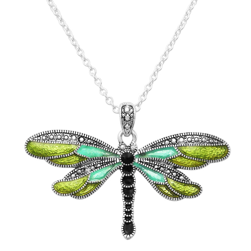 Textured Burnished Silver Tone and Colorful Enamel Charm Whimsical Pendant Necklace, 18"-21" with 3" Extender (Green Dragonfly)