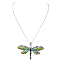 Textured Burnished Silver Tone and Colorful Enamel Charm Whimsical Pendant Necklace, 18"-21" with 3" Extender (Green Dragonfly)