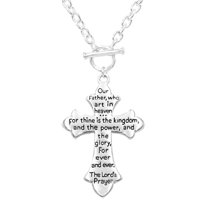 Women's Stunning Reversible Religious Cross with The Lords Prayer Toggle Style Necklace, 18"