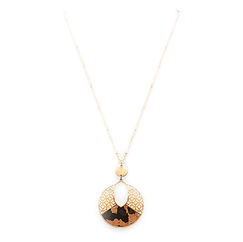 Women's Stunning Matte Gold Tone Honeycomb Cutout And Leopard Spots Cork Disk Jewelry, 18"+2" Extender