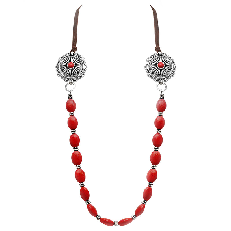 Western Cowgirl Chic Vegan Leather With Semi Precious Howlite Stone Long Necklace, 33"+3" Extension (Concho With Red Howlite)