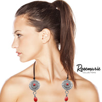 Western Cowgirl Chic Vegan Leather With Semi Precious Howlite Stone Long Necklace, 33"+3" Extension (Concho With Red Howlite)