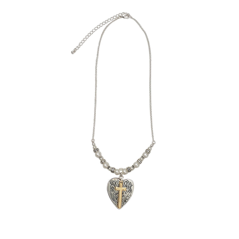 Rosemarie's Religious Gifts Women's Religious Inspirational Two Tone Heart And Cross Charm Love Pendant Necklace, 18"+3" Extender