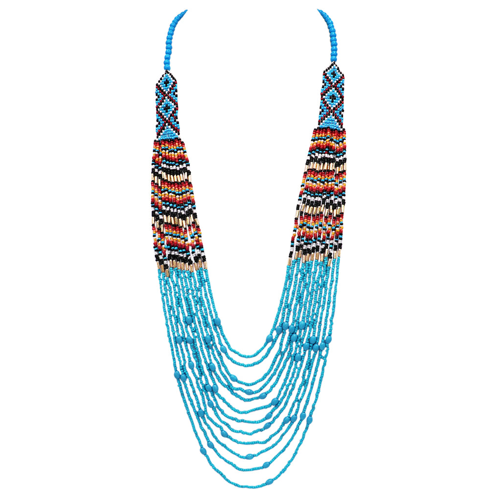 Colorful Peyote Stitch Style Multi-Strand Seed Bead Statement Long Bohemian Necklace, 30"+3" Extender (Turquoise Multicolor)