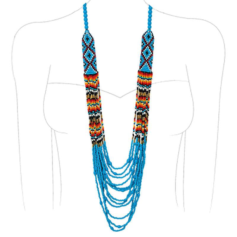 Colorful Peyote Stitch Style Multi-Strand Seed Bead Statement Long Bohemian Necklace, 30"+3" Extender (Turquoise Multicolor)