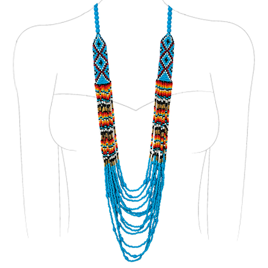 Colorful Peyote Stitch Style Multi-Strand Seed Bead Statement Long Bohemian Necklace, 30"+3" Extender (Turquoise Multicolor)