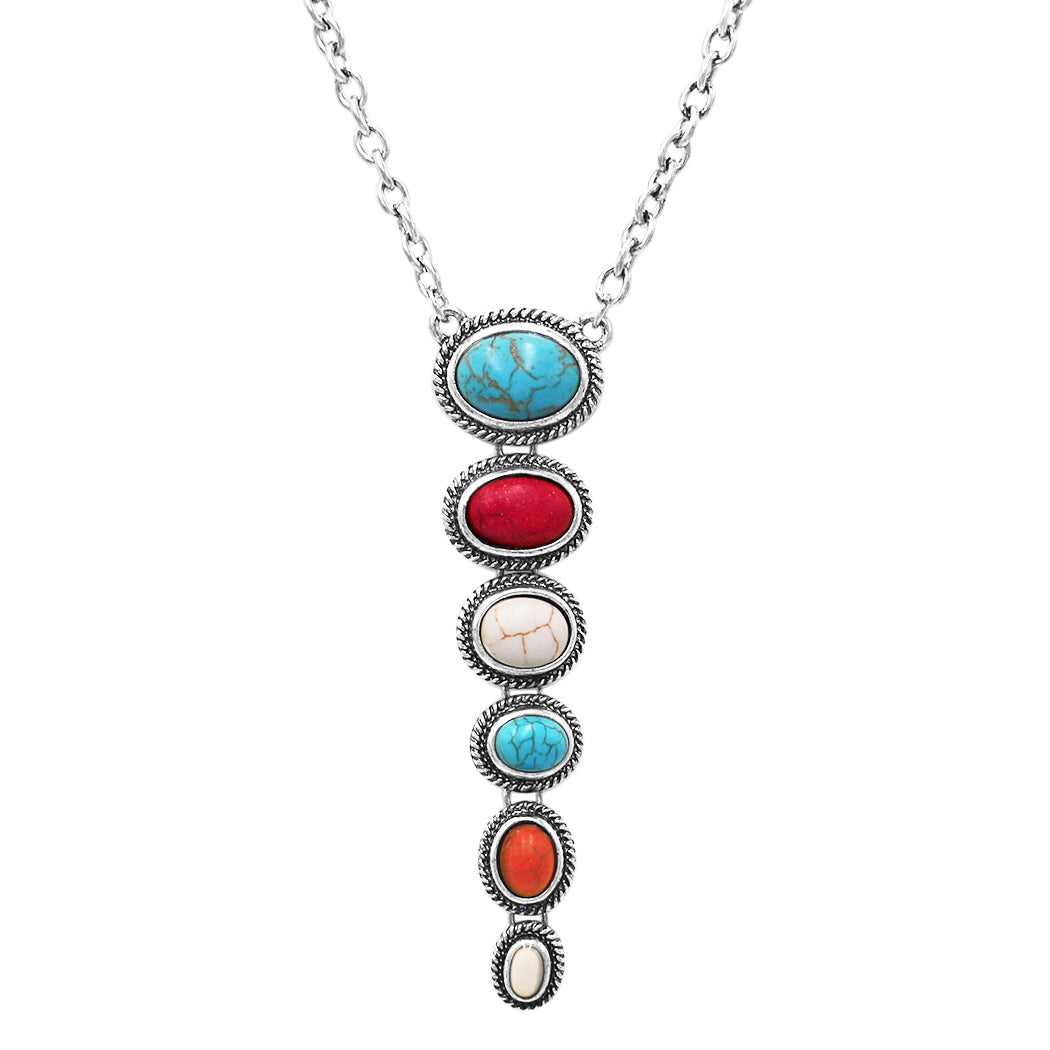 Stunning Western Semi Precious Natural White Red And Turquoise Howlite Stone Y-Drop Necklace, 18"+3" Extender