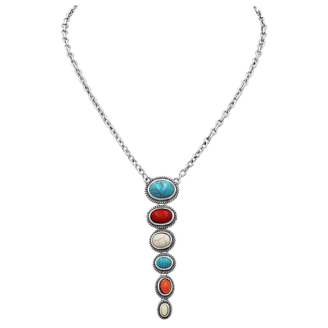 Stunning Western Semi Precious Natural White Red And Turquoise Howlite Stone Y-Drop Necklace, 18"+3" Extender
