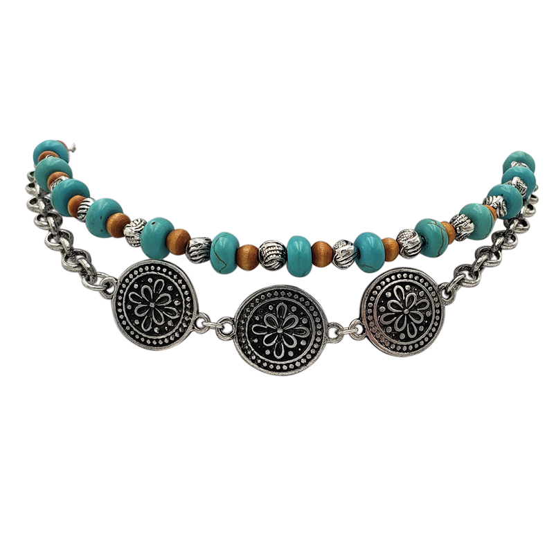 Cowgirl Chic Statement Western Double Strand Charm And Bead Choker Necklace, 12"+ 3" Extension