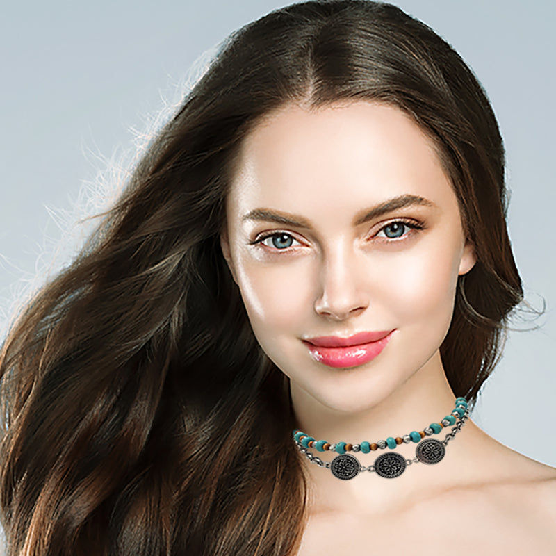 Cowgirl Chic Statement Western Double Strand Charm And Bead Choker Necklace, 12"+ 3" Extension