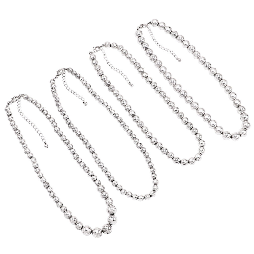 Set Of 4 Separate Polished Silver Tone Beaded Strand Necklaces, 18"+3" Extender