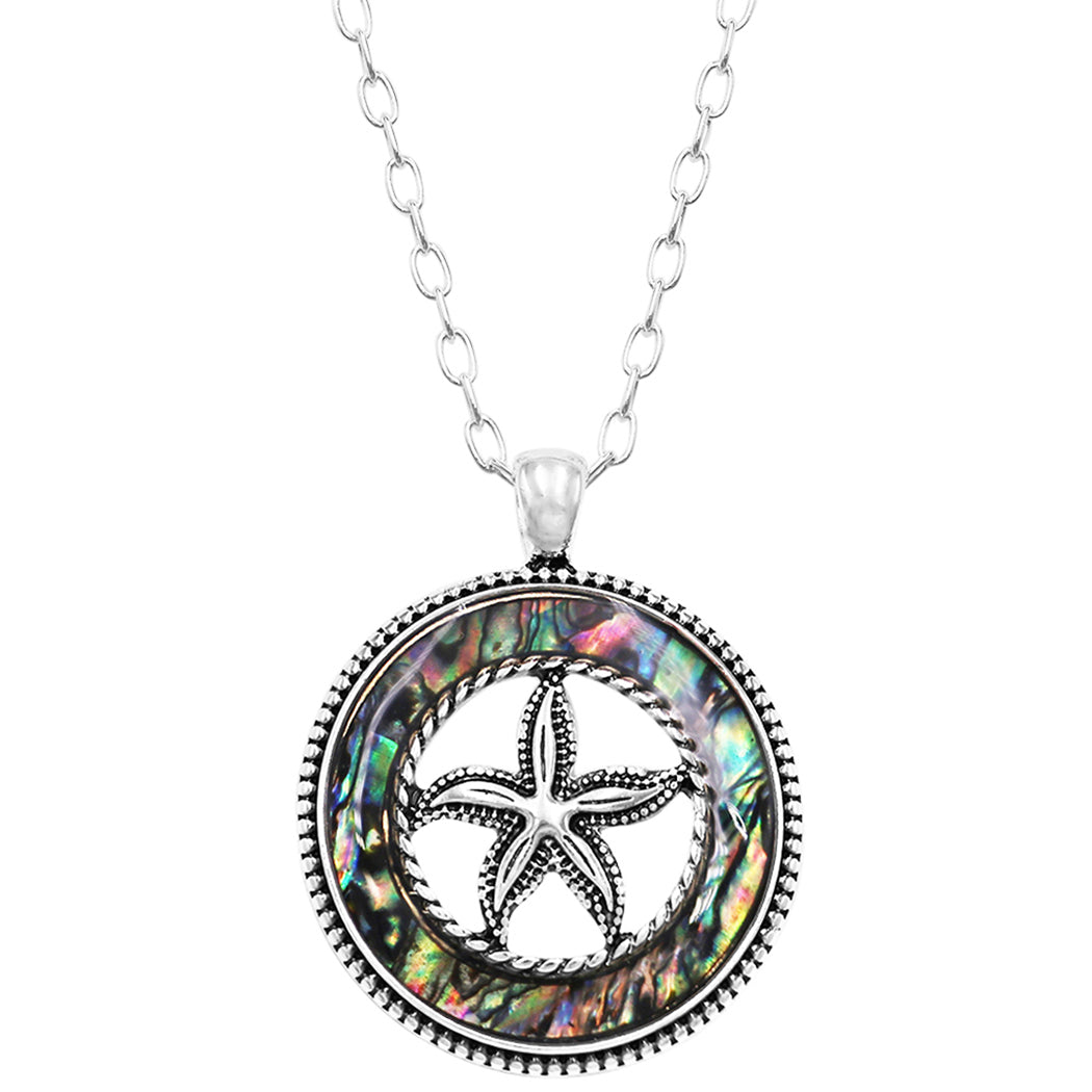 Silver Tone Whimsical Natural Shell Tropical Beach Themed Pendant Necklace, 18"+3" Extender (Starfish, Abalone Shell)