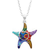 Whimsical Starfish Pendant With Colorful Enamel Mosaic Silver Tone Necklace, 18"+3" Extender