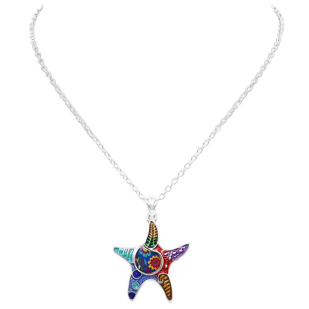 Whimsical Starfish Pendant With Colorful Enamel Mosaic Silver Tone Necklace, 18"+3" Extender