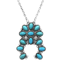 Burnished Silver Tone Western Style Semi Precious Turquoise Howlite Stone Squash Blossom Pendant Necklace, 16"+3" Extender