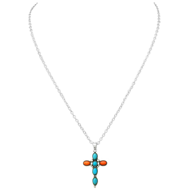 Rosemarie's Religious Gifts Women's Colorful Natural Stone South Western Style Statement Christian Cross Necklace,16"+3" Extension