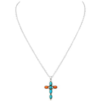 Rosemarie's Religious Gifts Women's Colorful Natural Stone South Western Style Statement Christian Cross Necklace,16"+3" Extension