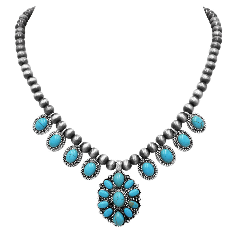 Cowgirl Chic Western Style Natural Semi Precious Howlite Stones On Metallic Navajo Pearl Necklace, 16"+3" Extender (Turquoise Blue)