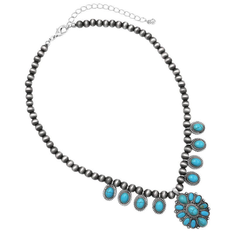 Cowgirl Chic Western Style Natural Semi Precious Howlite Stones On Metallic Navajo Pearl Necklace, 16"+3" Extender (Turquoise Blue)