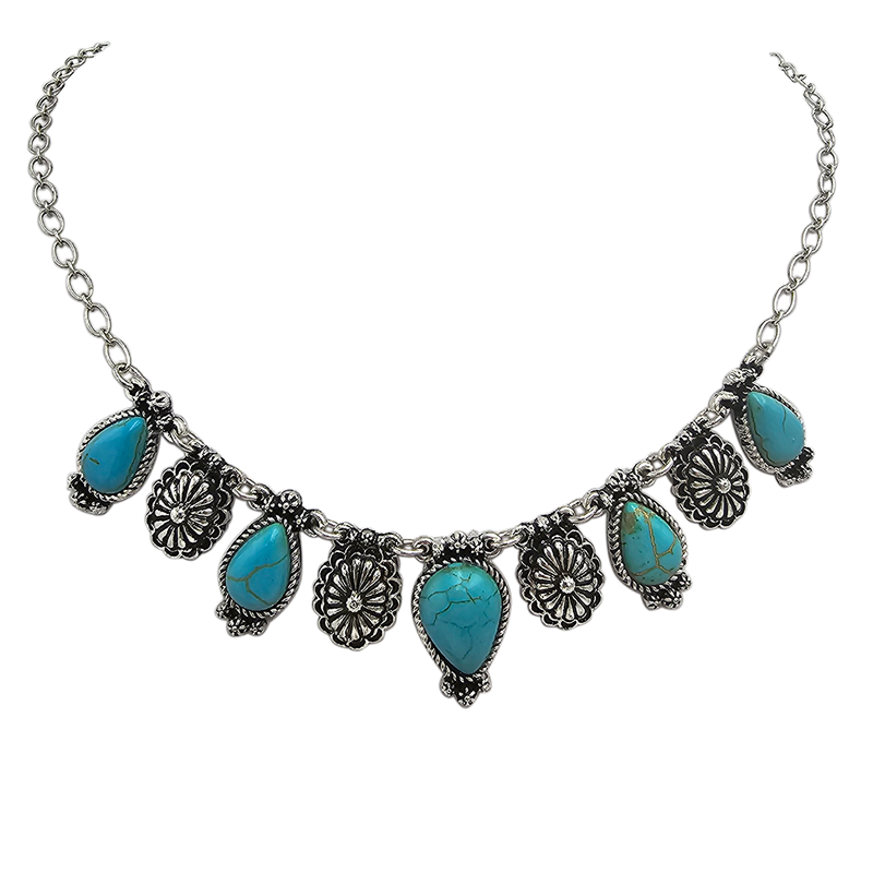 Western Chic Petite Natural Teardrop Turquoise Howlite And Conchos Strand Collar Necklace, 16"+3" Extension