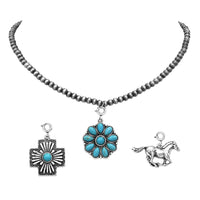 Cowgirl Chic 3 Interchangable Western Pendant Charms With Turquoise Howlite Stones On Dainty 4mm Metallic Pearl Choker Necklace, 14"+3" Extension