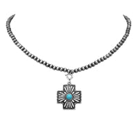 Cowgirl Chic 3 Interchangable Western Pendant Charms With Turquoise Howlite Stones On Dainty 4mm Metallic Pearl Choker Necklace, 14"+3" Extension