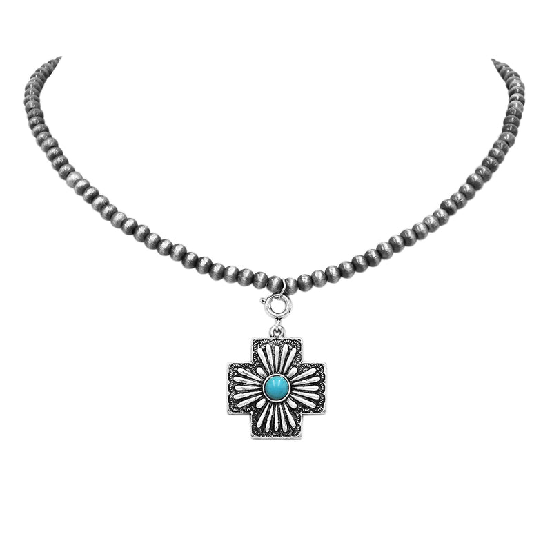 Cowgirl Chic 3 Interchangable Western Pendant Charms With Turquoise Howlite Stones On Dainty 4mm Metallic Pearl Choker Necklace, 14"+3" Extension