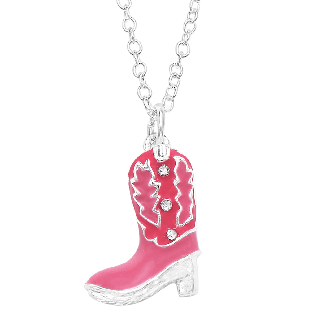 Cowgirl Chic Unique Pink Enamel And Crystal Textured Western Cowboy Boot Silver Tone 3D Pendant Necklace, 18"+3" Extender